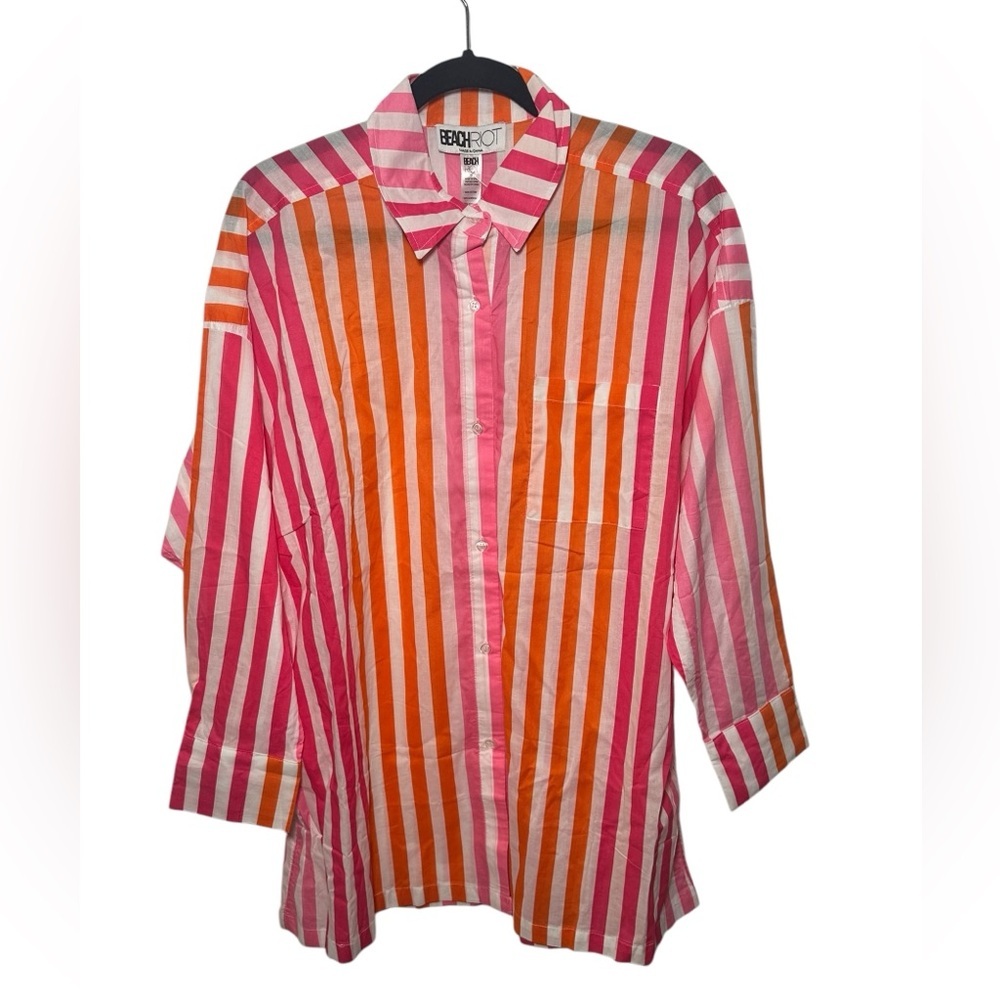 Beach Riot‎ Pink Orange Striped Cotton Button Down Shirt Oversized L/XL Coverup